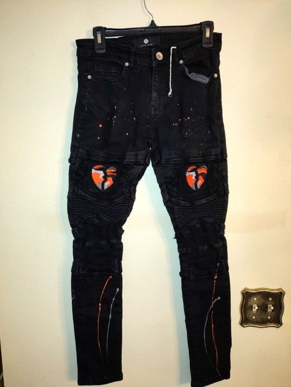 Men Focus Jeans Acid Wash Biker Slim Fit Broken Heart Paint Splatte Sz 29W X 32L